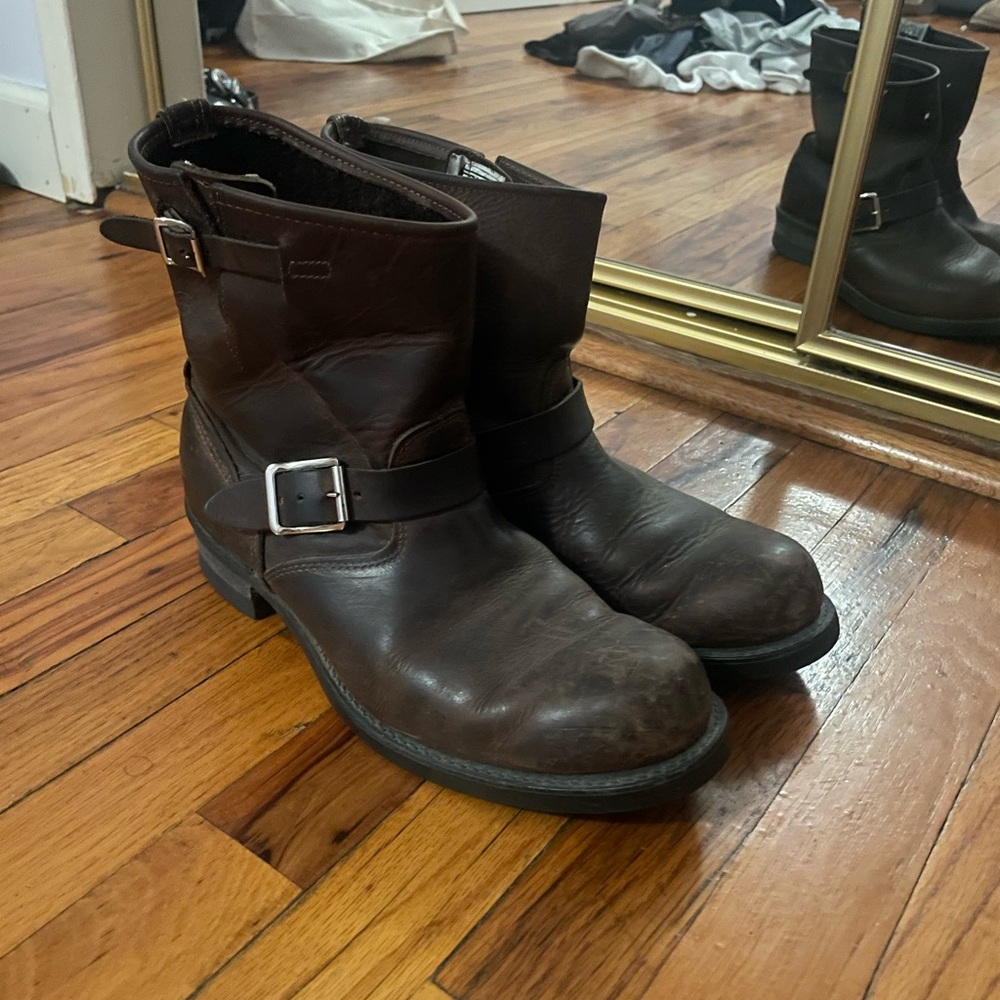 Frye Dark Brown Leather Buckle Boots